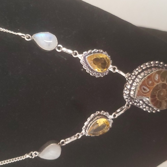 New Ammonite Fossil, Rainbow Moonstone & Citrine 925 Silver Necklace. - Picture 12 of 12